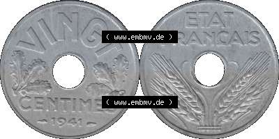 PNG einer Münze aus Frankreich 1941-1941, VINGT 20 Centimes, Cent Sammlung