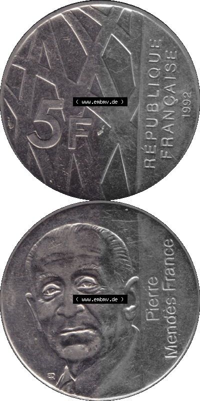Münzen Frankreich Umlaufmünze 1992-1992, 5 Francs Franken in Nickel 1992 (Stück 1). Vorderseite und Rückseite vertikal auf... Sammlung