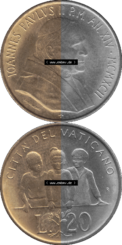 Vatikanstadt / Vatikan als PNG-Grafik 1992-1992, 20 Lire Papst Giovanni Paolo II. 1992 Sammlung