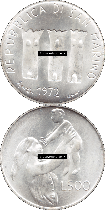 San Marino 1972-1972, Münze 500 Lire 1972 L. 500 REPUBBLICA DI SAN MARINO, Silbermünze Sammlung