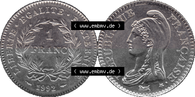 Münzen Frankreich Umlaufmünze 1992-1992, 1 Francs Liberty Freiheitsgöttin 1992 (Stück 1). Vorderseite und Rückseite horizontal... Sammlung