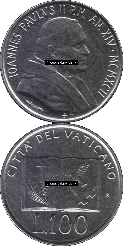 Vatikanstadt / Vatikan als PNG-Grafik 1992-1992, 100 Lire Papst Giovanni Paolo II 1992 Sammlung