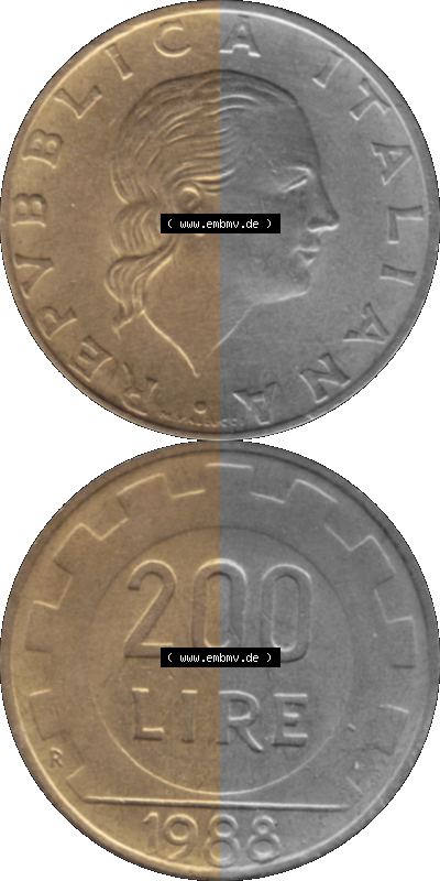 Münze aus Italien / Italia als PNG-Grafik 1977-2001, 200 Lire, Zahnrad 1988 Sammlung