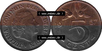 Alte Münze der Niederlande 1951-1975, in PNG digitalisiert 1950-1980, 5 Cent Königin Juliana 1957, 5 Cent Umlaufmünze aus den... Sammlung