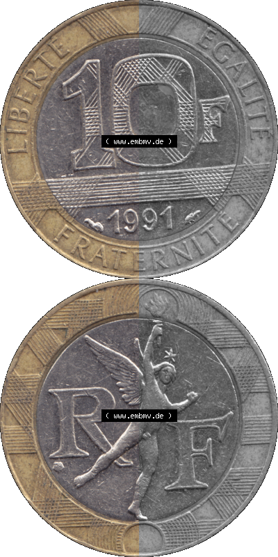 Münzen Frankreich Umlaufmünze 1991-1991, 10 Francs-01 1991 (Stück 1). Vorderseite und Rückseite vertikal auf einen digitalen... Sammlung