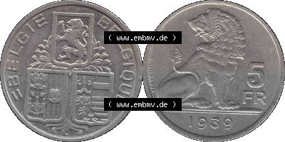 Alte Münze aus Belgien als PNG-Grafik 1938-1939, 5 Franken, FR, Francs, BELGIE - BELGIQUE 1939 Sammlung