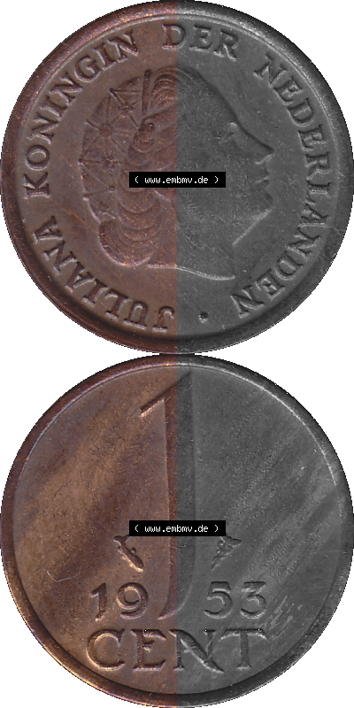 Münze der Niederlande 1951-1975, in PNG digitalisiert 1950-1980, 1 Cent Königin Juliana 1953, Vorderseite und Rückseite vertikal,... Sammlung
