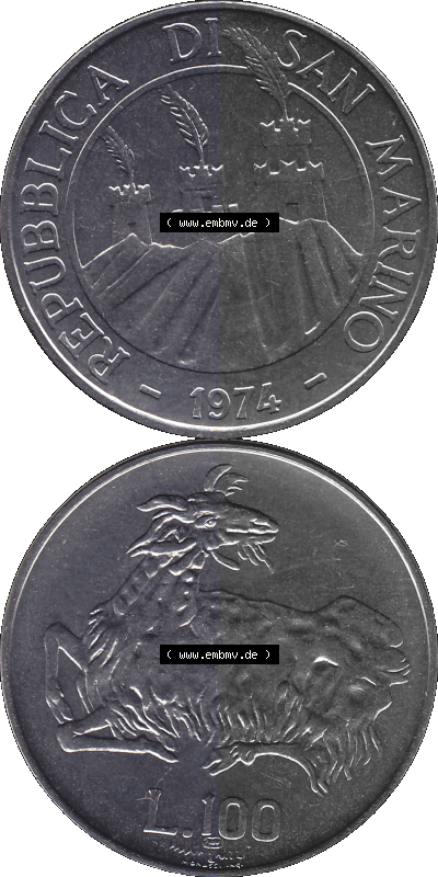 San Marino Münze 1974-1974 als transparente PNG-Grafik, 100 Lire, L.100 MINGUZZI MONASSI INC. Sammlung