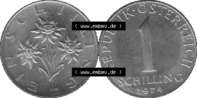 Alte Münze aus KMS Österreich, Kursmünzensatz 1974 in PP 1959-2001, 1 Schilling 1974, Graustufen PNG Bilder als Bildmaterial Sammlung