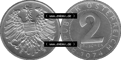 Alte Münze aus KMS Österreich, Kursmünzensatz 1974 in PP 1950-1994, 2 Groschen 1974, Graustufen PNG Bilder als Bildmaterial Sammlung