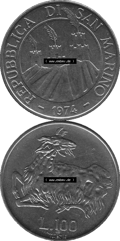 Münzensatz / KMS 1974 aus San Marino in Graustufen 1974-1974, 100 Lire, L.100 MINGUZZI MONASSI INC. Sammlung