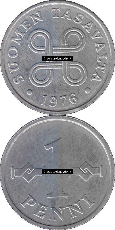 Alte Münzen KMS Finnland, Kursmünzensatz 1976 in Stempelglanz als digitales Computerbild in transparenten PNG 1969-1979, 1 Penny,... Sammlung