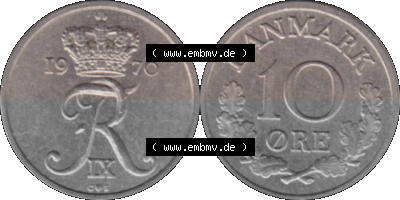 Alte Münze aus Dänemark als PNG-Grafik 1960-1972, 10 Öre 1970 (Stück 1). Vorderseite und Rückseite horizontal auf einen digitalen... Sammlung