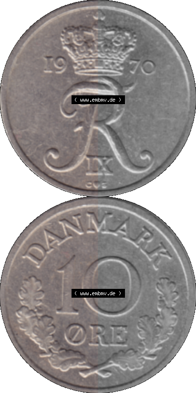 Alte Münze aus Dänemark als PNG-Grafik 1960-1972, 10 Öre 1970 (Stück 1). Vorderseite und Rückseite vertikal auf einen digitalen... Sammlung