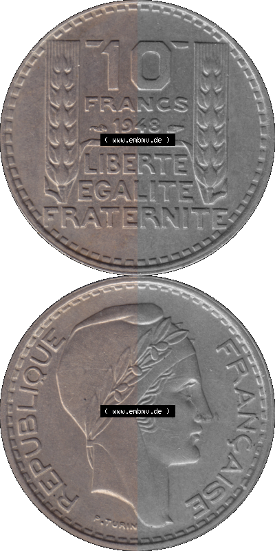 PNG einer Münze aus Frankreich 1947-1949, 10 Francs, Franken 1948 Sammlung