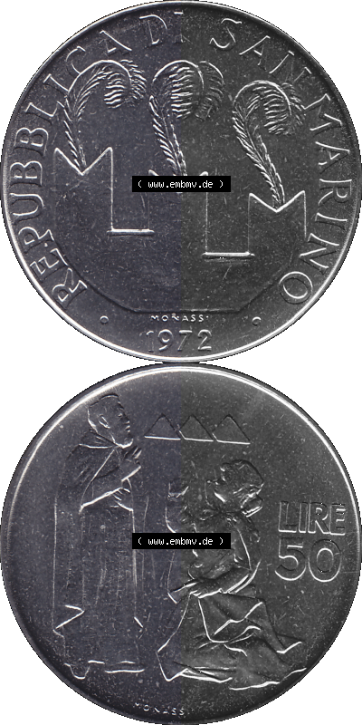 San Marino 1972-1972, Münze 50 Lire, 1972, MONASSI REPUBBLICA DI SAN MARINO 50 LIRE Sammlung