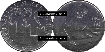 San Marino 1972-1972, Münze 100 Lire von 1972, 100 LIRE MONASSI REPUBBLICA DI SAN MARINO Sammlung