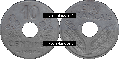 PNG einer Münze aus Frankreich 1941-1943, 10 Centimes, Etat Francais 1943 Sammlung