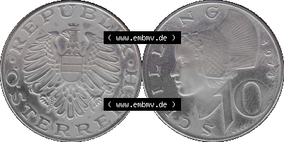 Alte Münze aus KMS Österreich, Kursmünzensatz 1974 in PP 1974-2001, 10 Schilling 1974 Sammlung