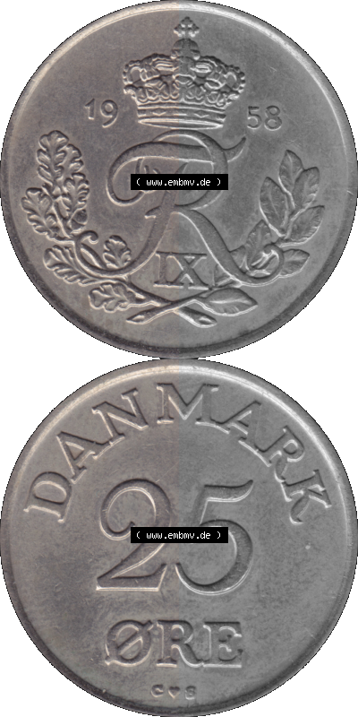 Alte Münze aus Dänemark als PNG-Grafik 1948-1960, 25 Öre 1958 (Stück 1). Vorderseite und Rückseite vertikal auf einen digitalen... Sammlung