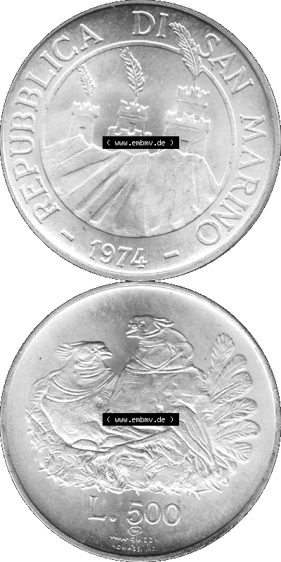 Münzensatz / KMS 1974 aus San Marino in Graustufen 1974-1974, 50 Lire Silbermünze, L.500 MINGUZZI MONASSI INC. Sammlung