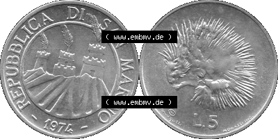 Münzensatz / KMS 1974 aus San Marino in Graustufen 1974-1974, 5 Lire, L.5 MINGUZZI MONASSI INC. Sammlung