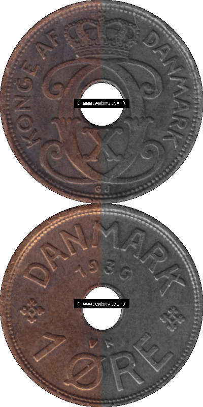 Alte Münze aus Dänemark als PNG-Grafik 1926-1940, 1 Öre 1936 (Stück 1) Kursmünze. Vorderseite und Rückseite vertikal auf... Sammlung