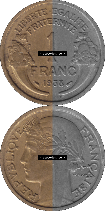 PNG einer Münze aus Frankreich 1931-1941, 1 Francs, Franken 1938 Sammlung