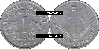 PNG einer Münze aus Frankreich 1942-1944, 1 Franc, Franken 1943 Sammlung