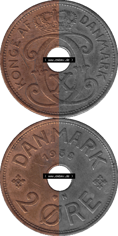 Alte Münze aus Dänemark als PNG-Grafik 1926-1940, 2 Öre 1938 (Stück 1) Kursmünze. Vorderseite und Rückseite vertikal auf... Sammlung