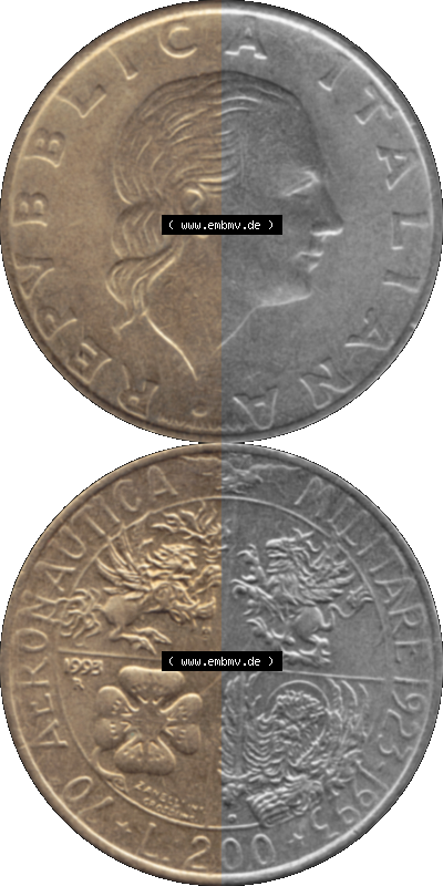 Münze aus Italien / Italia als PNG-Grafik 1993-1993, 200 Lire Militärischen Luftfahrt 1993 Sammlung
