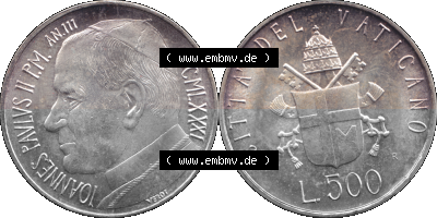 Alte Münze aus der Vatikanstadt / Vatikan als PNG-Grafik 1981-1981, 500 Lire Silbermünze Papst Johannes Paul II. 1981 Sammlung