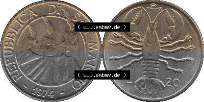 San Marino Münze 1974-1974 als transparente PNG-Grafik, 20 Lire, L.20 MINGUZZI MONASSI INC. Sammlung