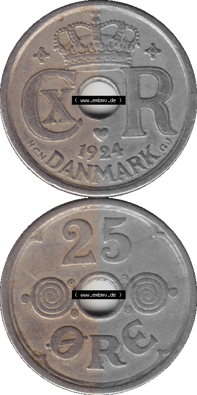 Alte Münze aus Dänemark als PNG-Grafik 1924-1947, 25 Öre 1924 (Stück 1) Kursmünze. Vorderseite und Rückseite vertikal auf... Sammlung