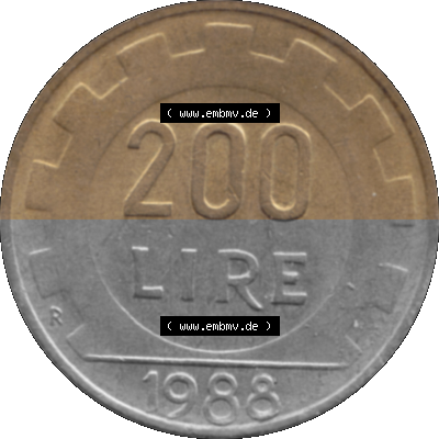 Münze aus Italien / Italia als PNG-Grafik 1977-2001, 200 Lire, Zahnrad 1988 Sammlung