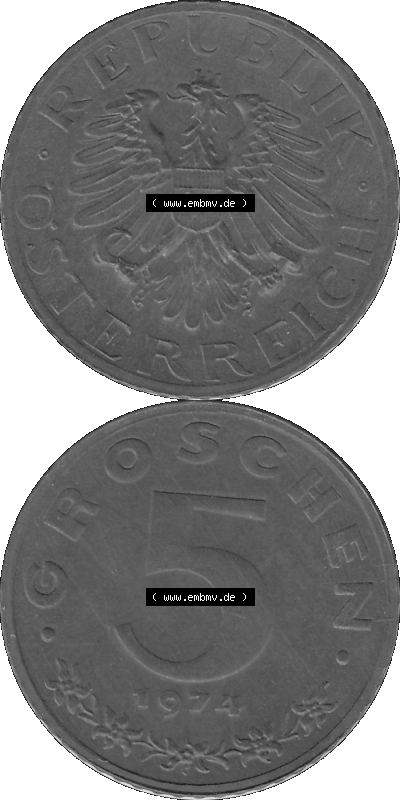 Alte Münze aus KMS Österreich, Kursmünzensatz 1974 in PP 1948-1994, 5 Groschen 1974, PNG Graustufen Bilder als Bildmaterial Sammlung