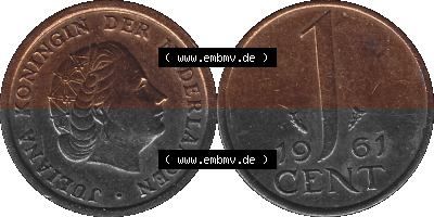 Münze der Niederlande 1951-1975, in PNG digitalisiert 1950-1980, 1 Cent Königin Juliana 1961, 1600 x 800 Pixel Querformat in... Sammlung