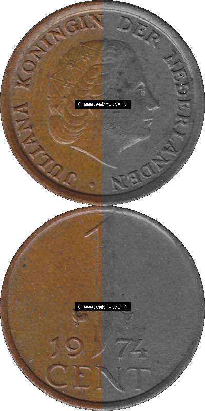 Alte Münze der Niederlande 1951-1975, in PNG digitalisiert 1950-1980, 1 Cent Königin Juliana 1974, Vorderseite und Rückseite... Sammlung