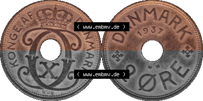 Alte Münze aus Dänemark als PNG-Grafik 1926-1940, 2 Öre 1937 (Stück 1) Kursmünze. Vorderseite und Rückseite horizontal auf... Sammlung