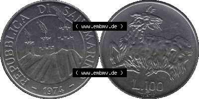 San Marino Münze 1974-1974 als transparente PNG-Grafik, 100 Lire, L.100 MINGUZZI MONASSI INC. Sammlung
