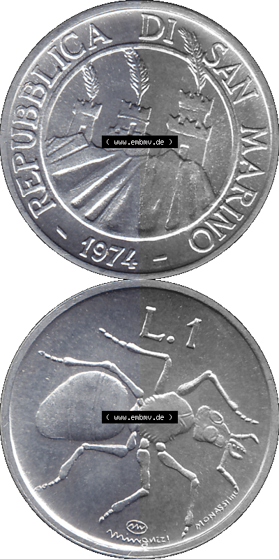 San Marino Münze 1974-1974 als transparente PNG-Grafik, 1 Lire, 1 Lira, L.1 MINGUZZI MONASSI INC. Sammlung