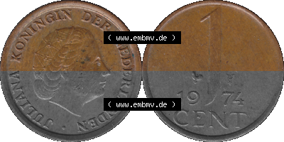 Alte Münze der Niederlande 1951-1975, in PNG digitalisiert 1950-1980, 1 Cent Königin Juliana 1974 Sammlung