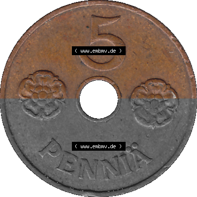 Finnland in transparenten digitalen PNG-Format 1941-1943, 5 Penny, Penniä, Kupfer 1941 Sammlung