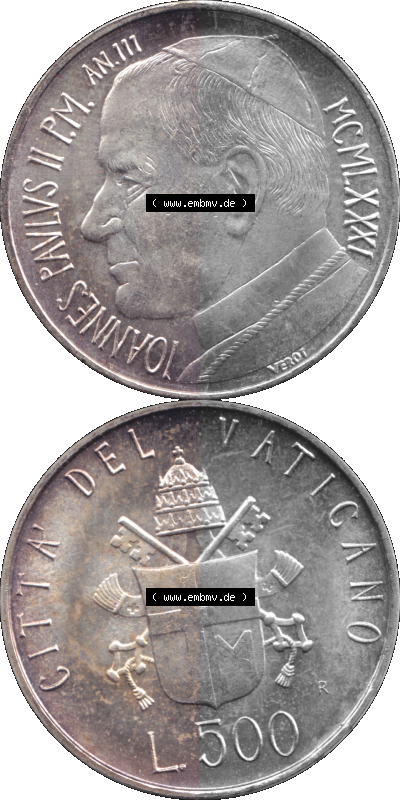 Alte Münze aus der Vatikanstadt / Vatikan als PNG-Grafik 1981-1981, 500 Lire Silbermünze Papst Johannes Paul II. 1981 Sammlung