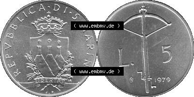 Münzensatz / KMS 1979 aus San Marino in Graustufen 1979-1979, 5 Lire, LIBERTAS REPVBBLICA DI S. MARINO, 1979 L.5 Sammlung