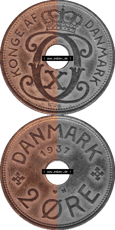 Alte Münze aus Dänemark als PNG-Grafik 1926-1940, 2 Öre 1937 (Stück 1) Kursmünze. Vorderseite und Rückseite vertikal auf... Sammlung