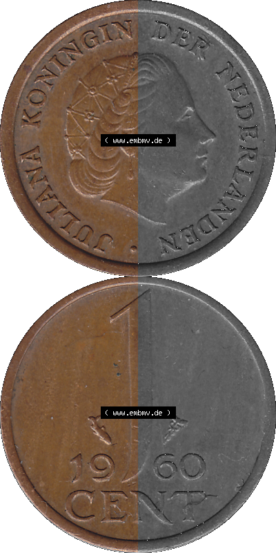 Münze der Niederlande 1951-1975, in PNG digitalisiert 1950-1980, 1 Cent Königin Juliana 1960, Vorderseite und Rückseite vertikal,... Sammlung