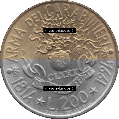 Münze aus Italien / Italia als PNG-Grafik 1994-1994, 200 Lire 180 Jahre Carabinieri 1994 Sammlung