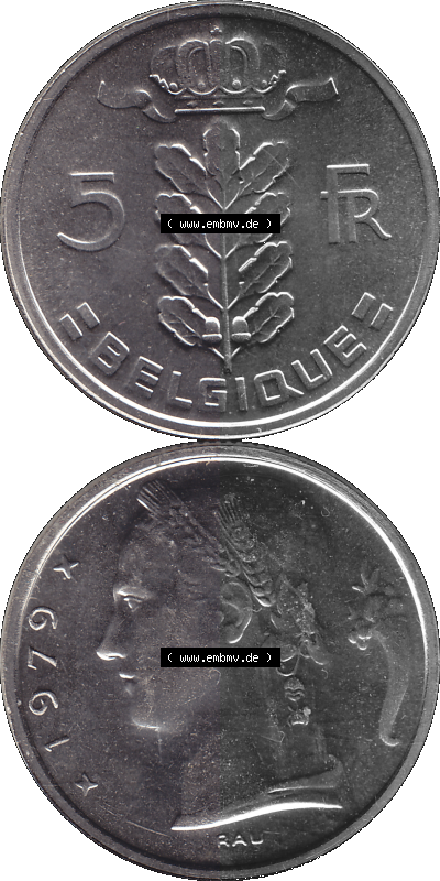 Belgien, König Baudouin I Kursmünzensatz 1948-1981, 5 Franken 1979, Belgique Sammlung