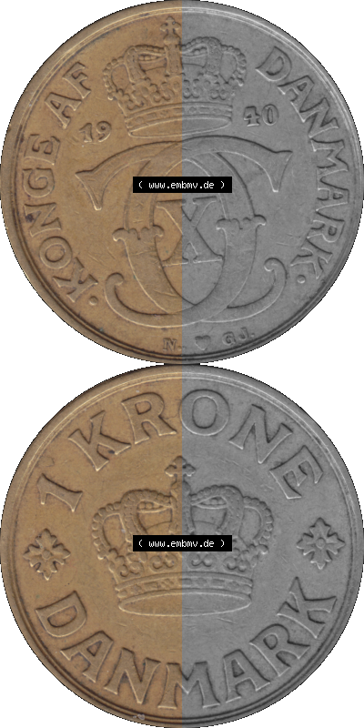 Alte Münze aus Dänemark als PNG-Grafik 1924-1941, 1 Krone 1940 (Stück 1) Kursmünze. Vorderseite und Rückseite vertikal auf... Sammlung